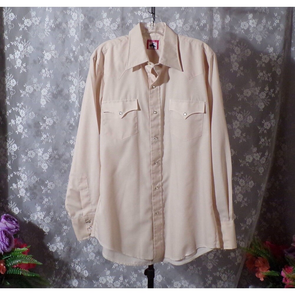 Vintage 70s Cowboy Shirt Size Large 1970s Retro Western Rodeo Beige Chute #1